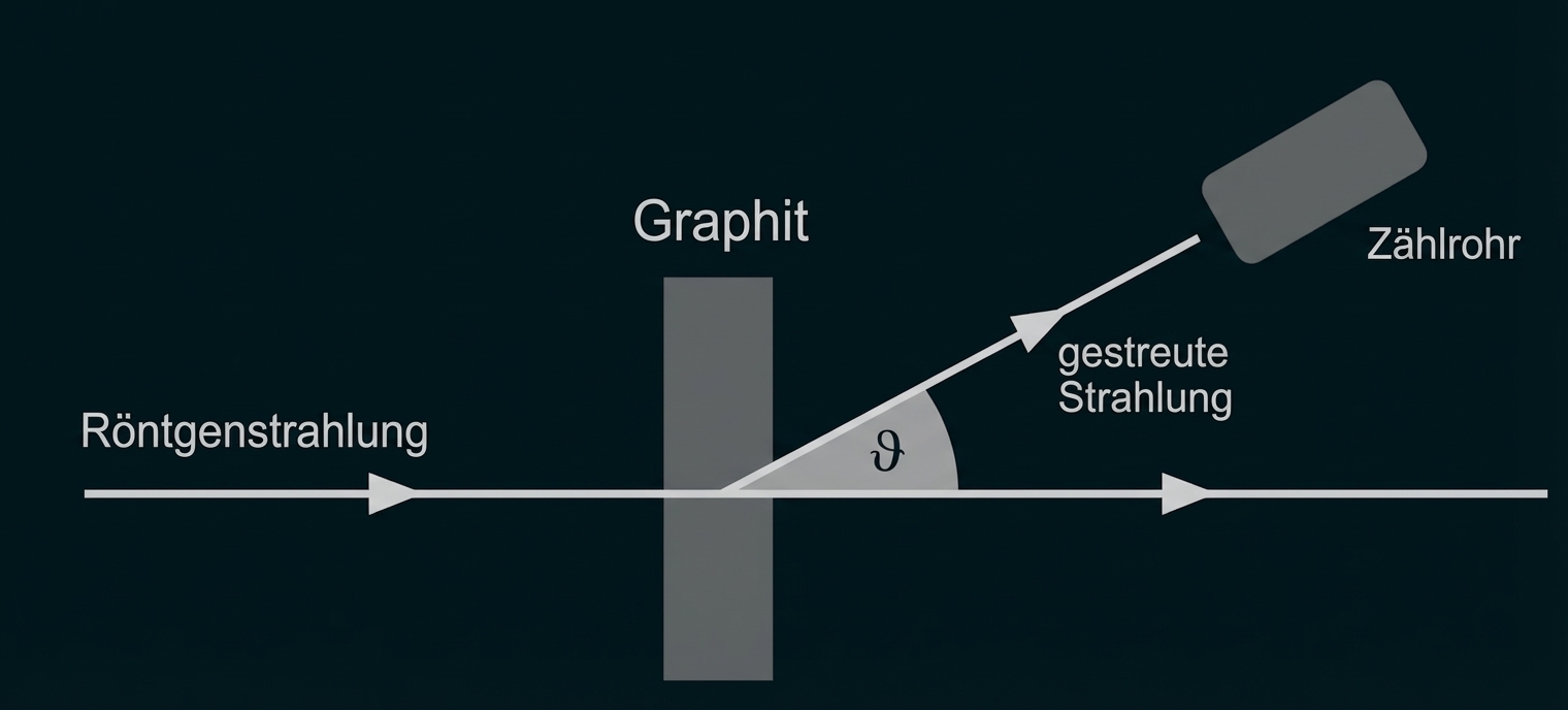 Schematische Darstellung: Röntgenstrahlen treffen Graphit, gestreute Strahlung wird unter Winkel θ vom Zählrohr gemessen.